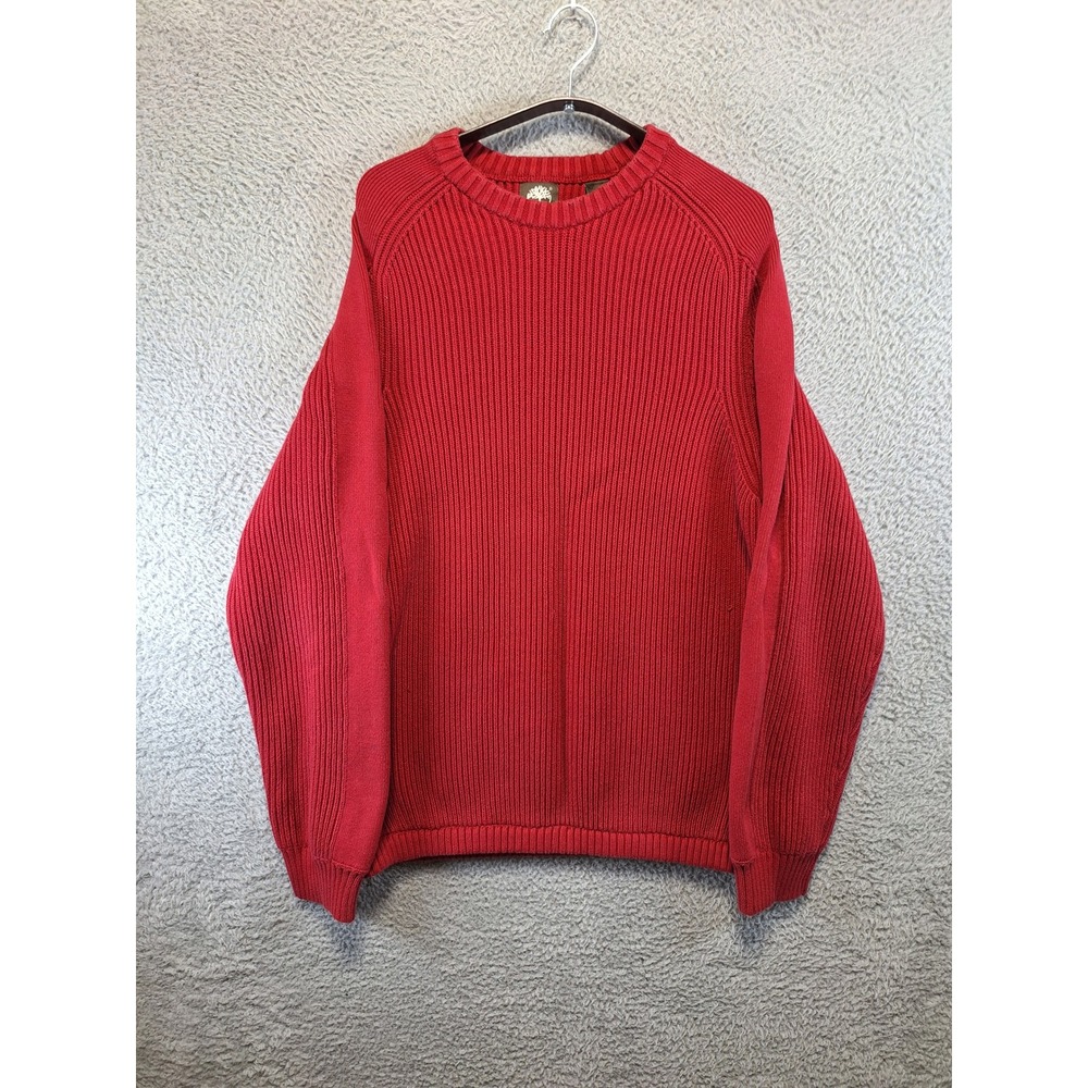 Timberland Mens XL Red Ribbed Knit Crew Neck 100% Cotton Long Sleeve Sweater